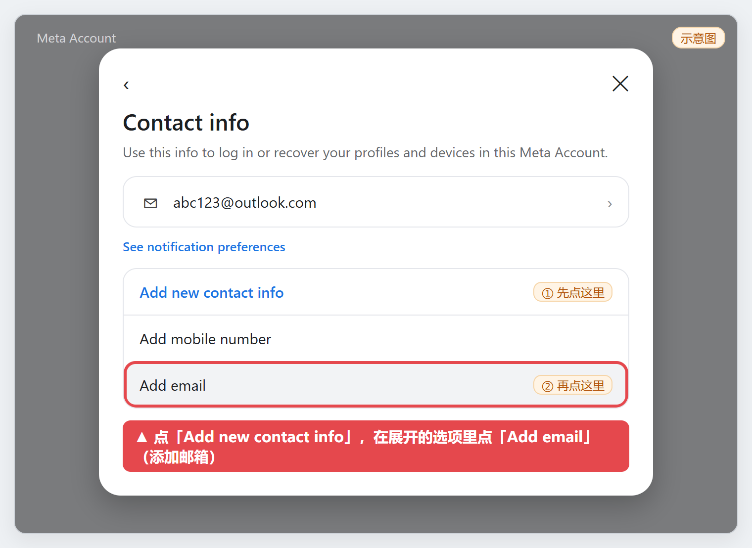图 8：Add new contact info → Add email（示意图，点图放大）